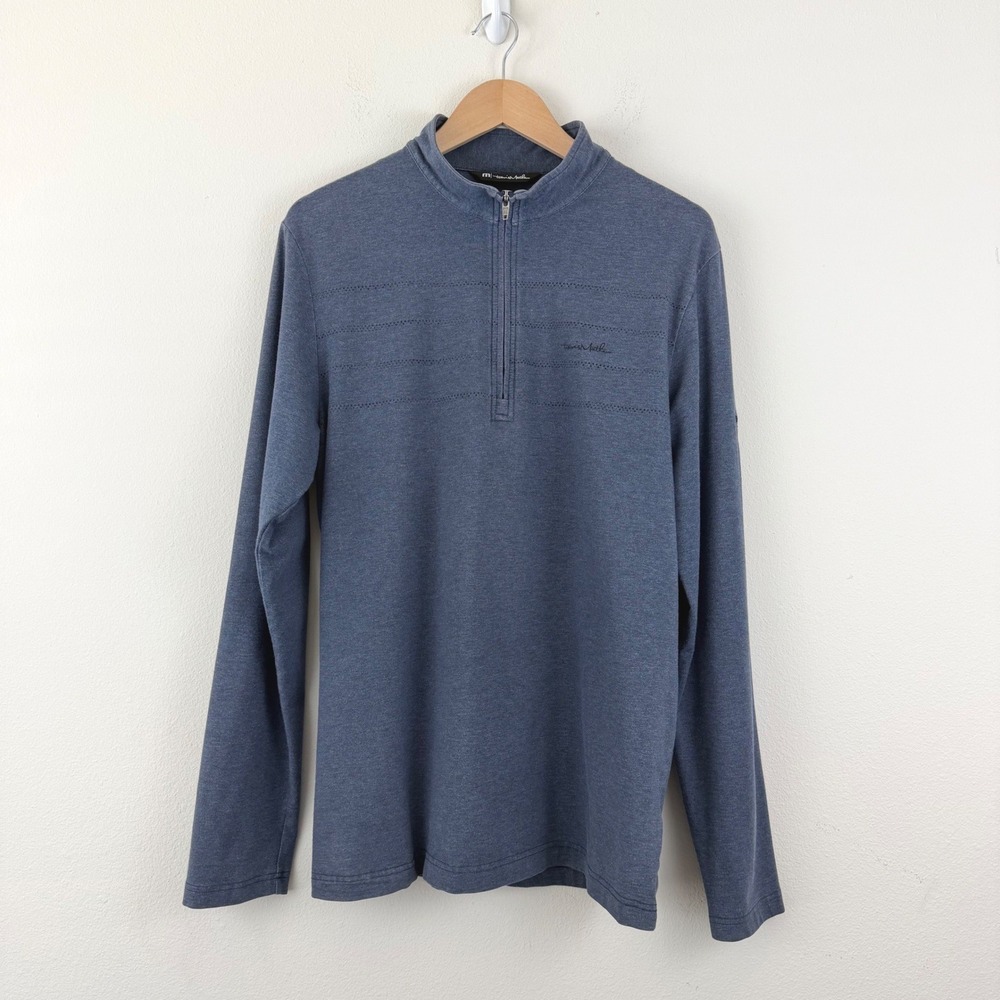 TravisMathew Mens L Blue Heathered Quarter Zip Pullover Sweatshirt Mock Neck